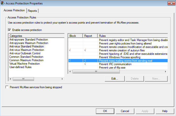 Access Protection Properties window