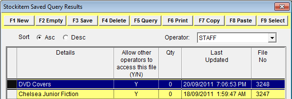Stockitem saved query results screen