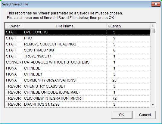 Select saved file screen