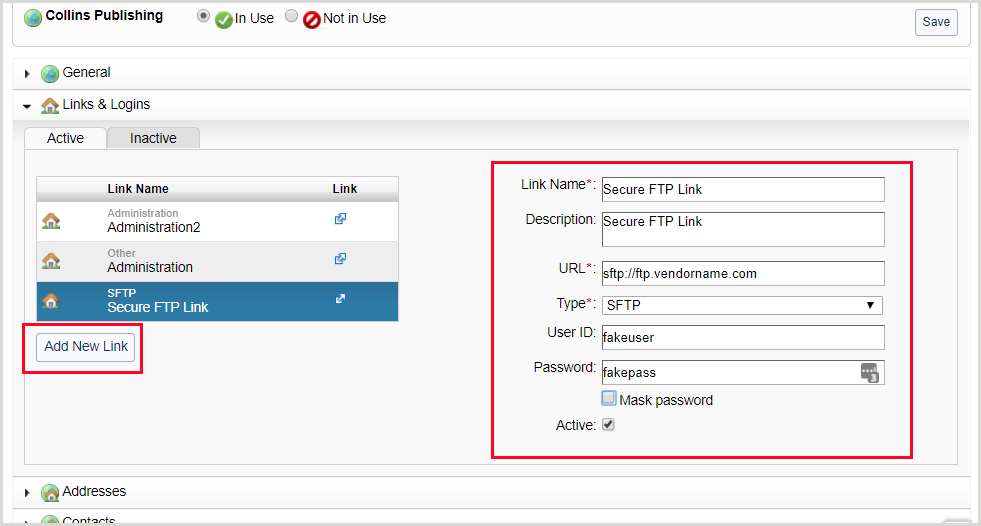 Links and logins accordion