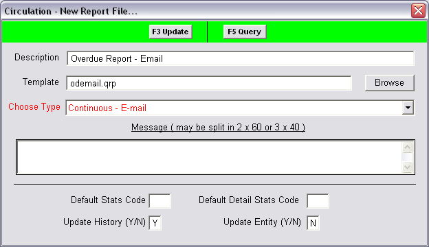 Circulation - New Report File window