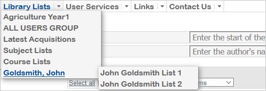 Library lists menu drop down showing end user's lists.