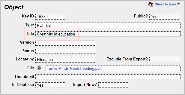 Object fields where the title field is "Creativity in education"