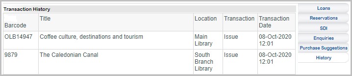 User's circulation transactions list