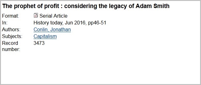 Folio display of article data.