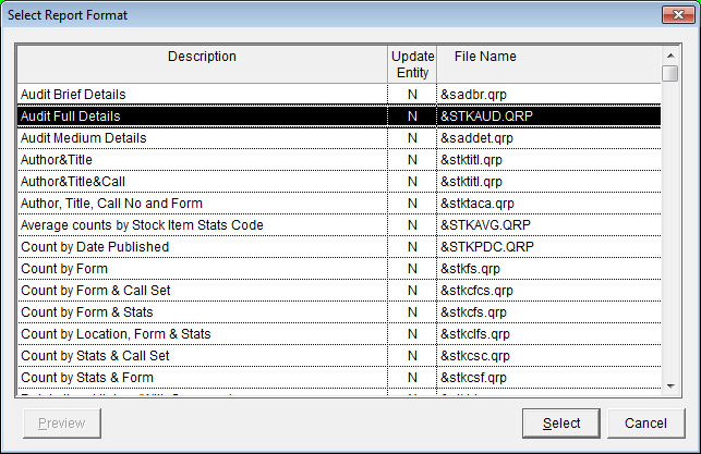 Select Report Format window